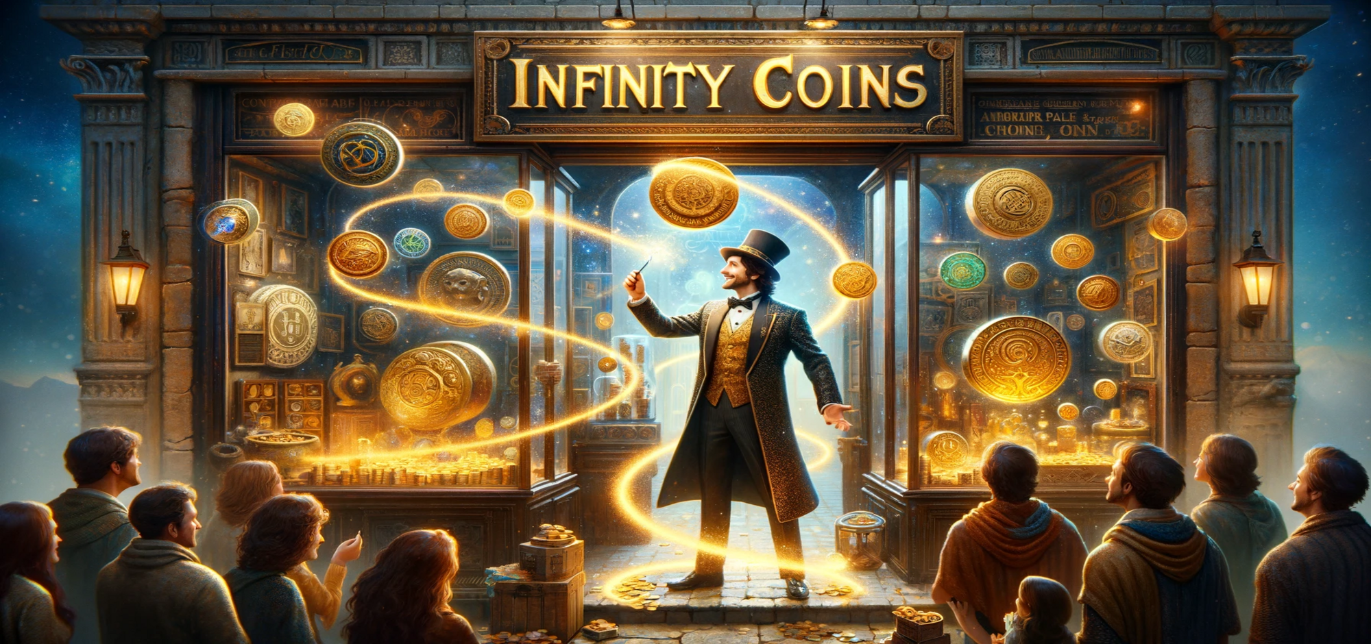 A mystical coin shop scene with a magician-like shopkeeper levitating rare coins amidst the awe of o
